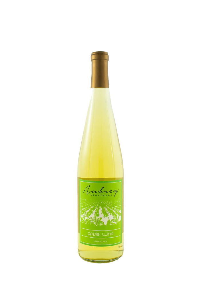 A bottle of Aubrey Vineyards 2018 Apple Wine on a white background.
