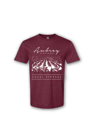 
                  
                    Load image into Gallery viewer, Aubrey Vineyards Maroon Shirt with the white Aubrey Vineyards script logo, iconic white outline image of our vines with the wording &amp;quot;Local Vintage&amp;quot; underneath.
                  
                