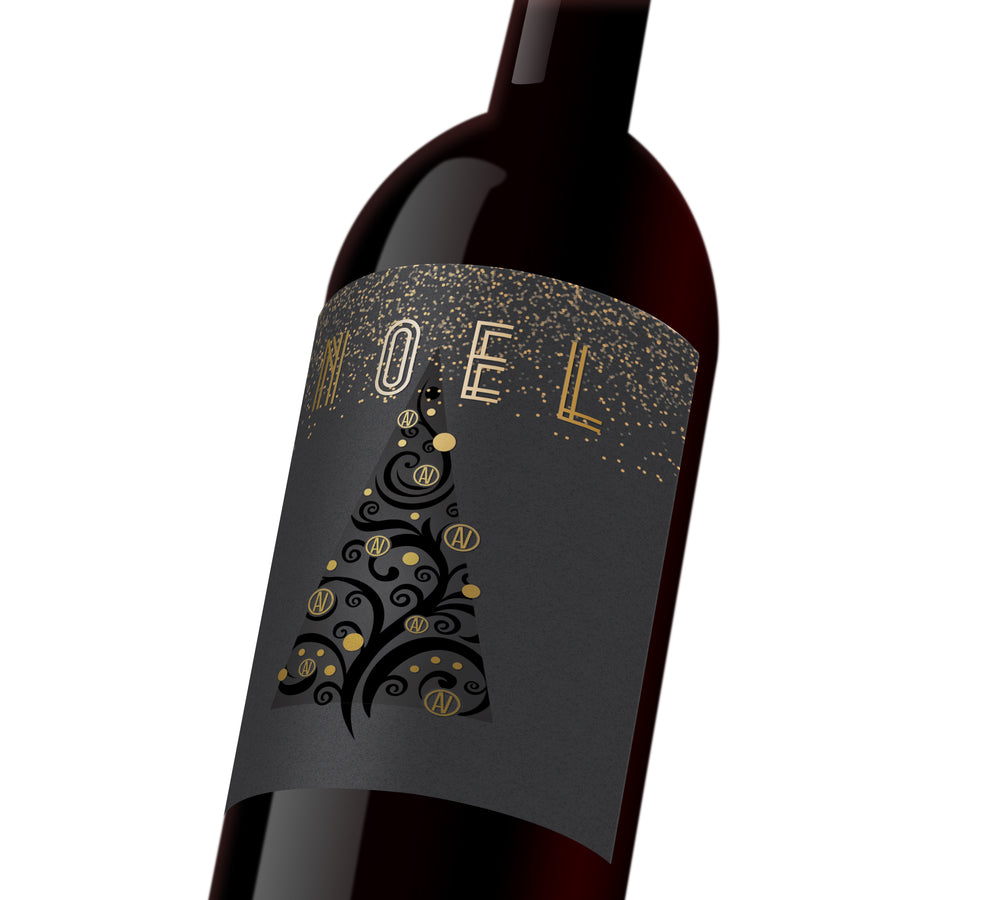 A black and gold holiday custom wine label that reads, 