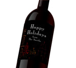 A black holiday customizable wine label with the plaza outlined in holiday lights. The label reads, "Happy Holidays from The Smiths"