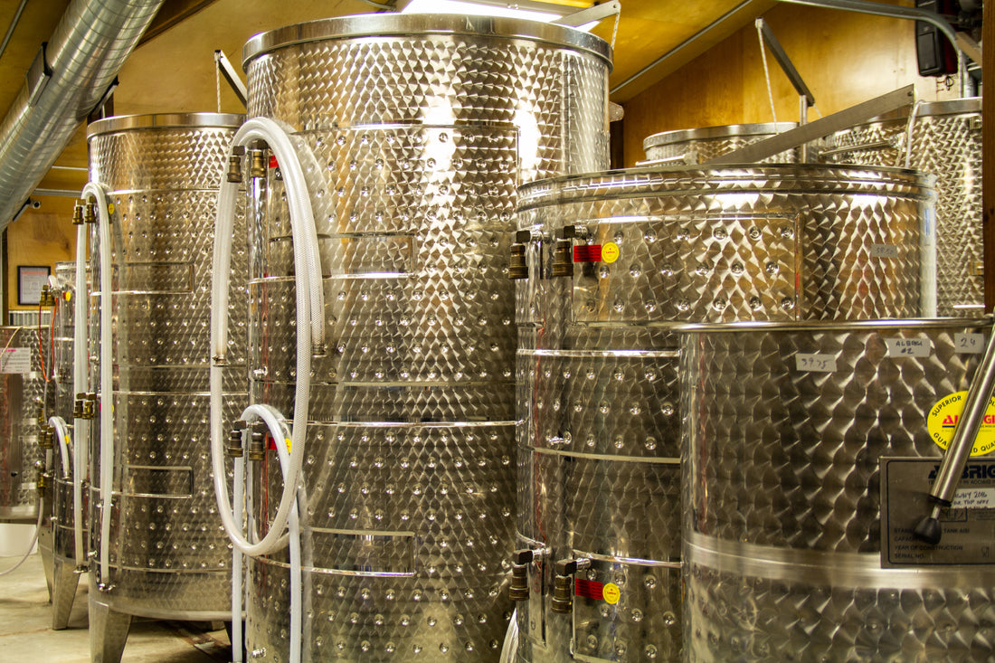 the stainless steel tanks in the Aubrey Vineyards winery