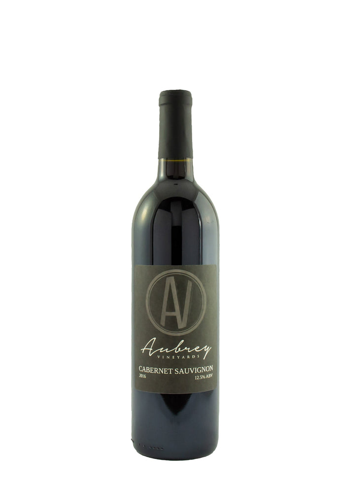 A bottle of Aubrey Vineyards 2016 Cabernet Sauvignon on a white background.