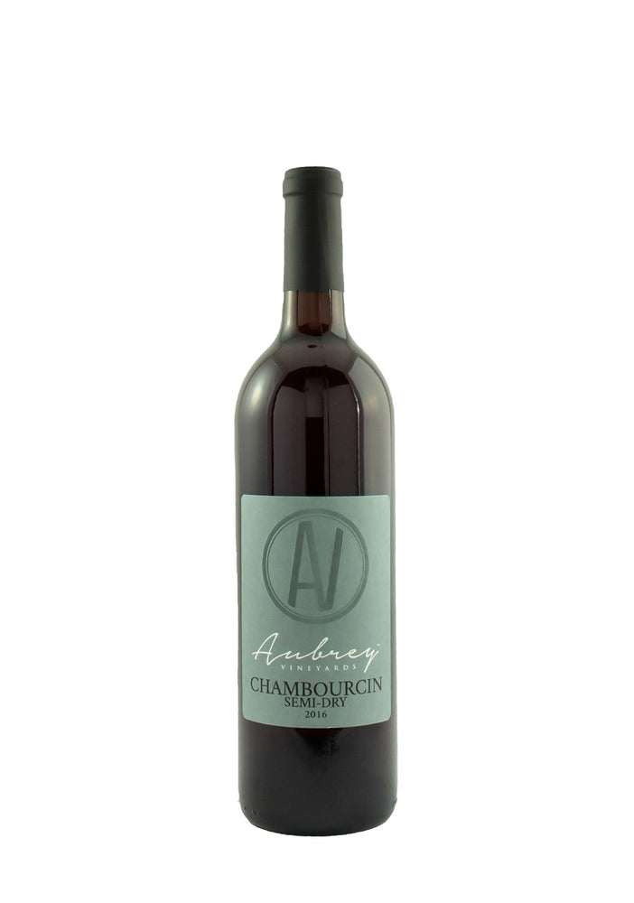 A bottle of Aubrey Vineyards 2019 Chambourcin Semi-Dry on a white background.