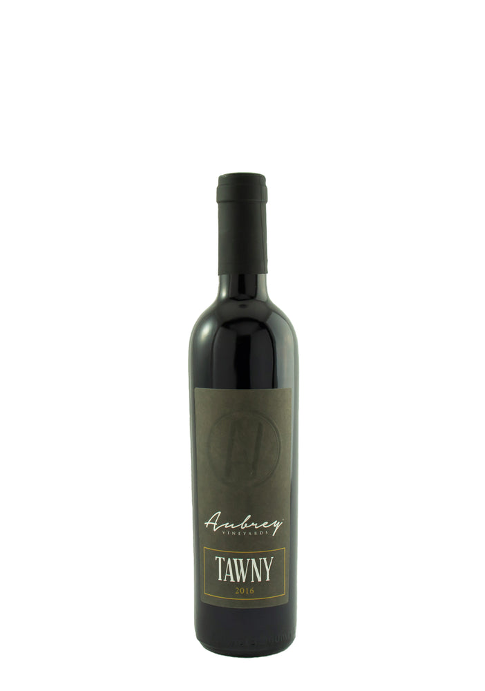 A bottle of Aubrey Vineyards 2016 Tawny on a white background.