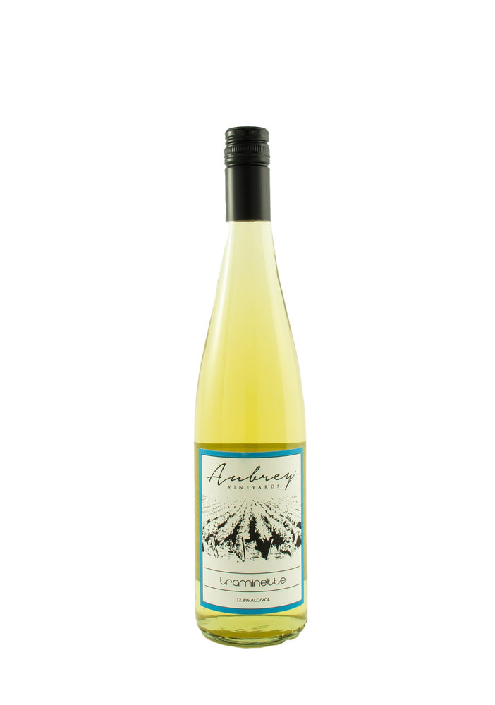 A bottle of Aubrey Vineyards 2019 spritzed Traminette on a white background.