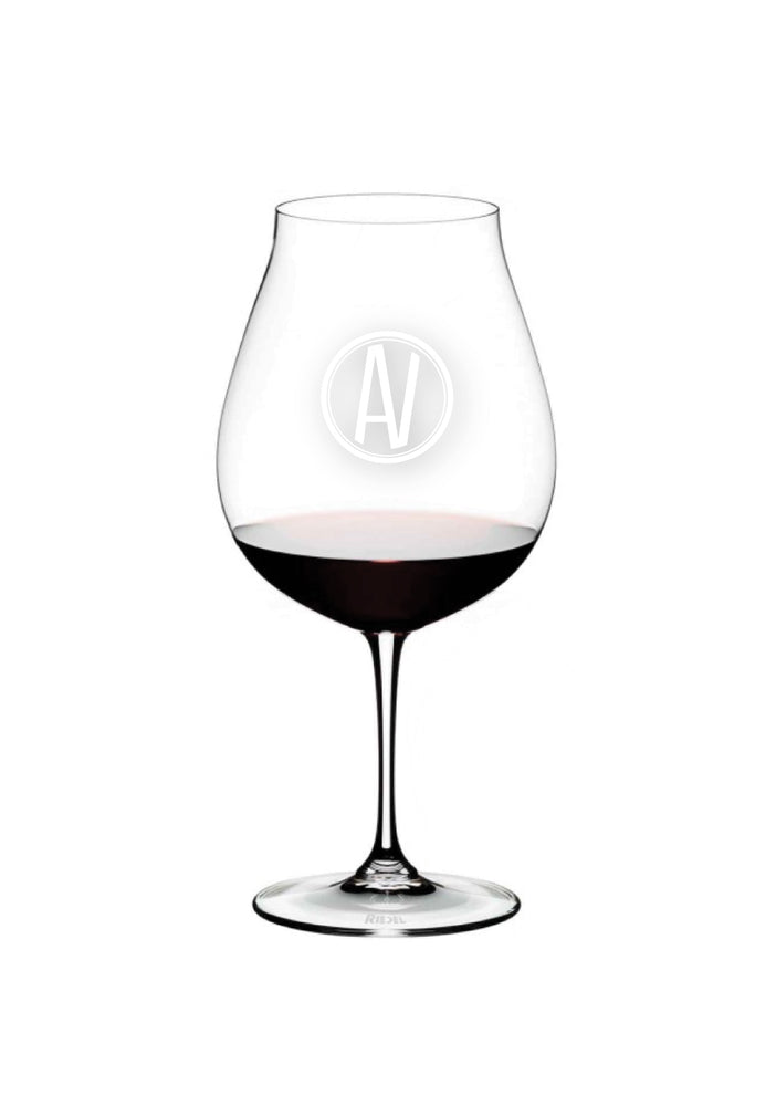 Riedel Wine Glass etched with Aubrey Vineyards circle logo on one side and the Aubrey script logo on the other side.