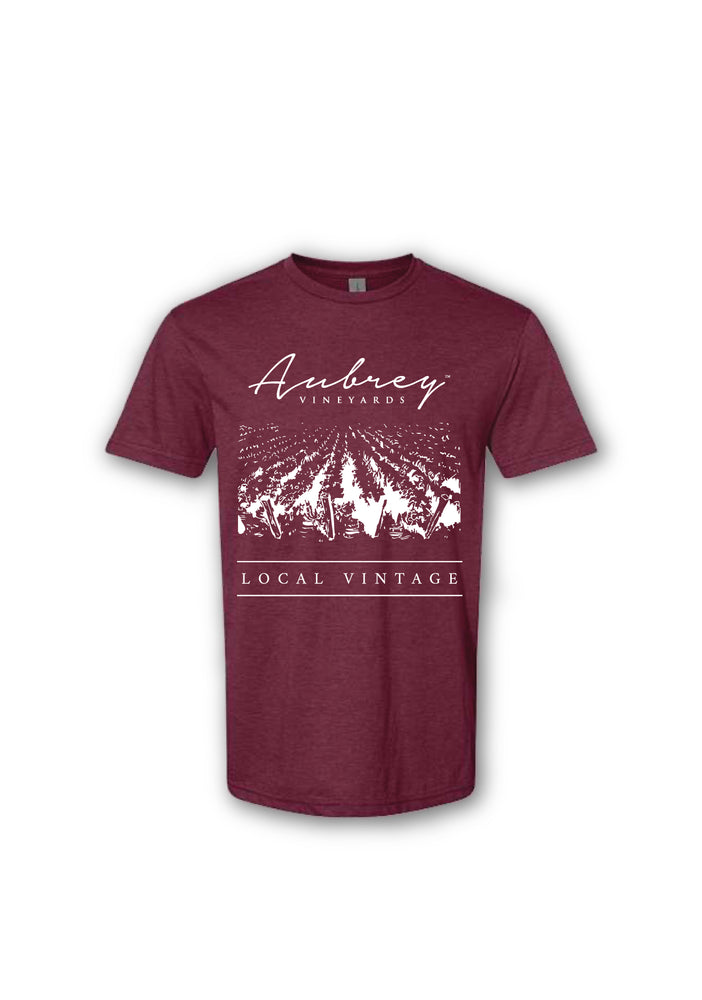 Aubrey Vineyards Maroon Shirt with the white Aubrey Vineyards script logo, iconic white outline image of our vines with the wording 