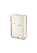 Wooden Wine Box with Aubrey Vineyards Logo. Available in sizes of Single, Double or Triple Bottle sizes.