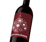 A maroon holiday custom label depicting a white holiday ornament made out of snowflakes. The label reads, "Happy Holidays"