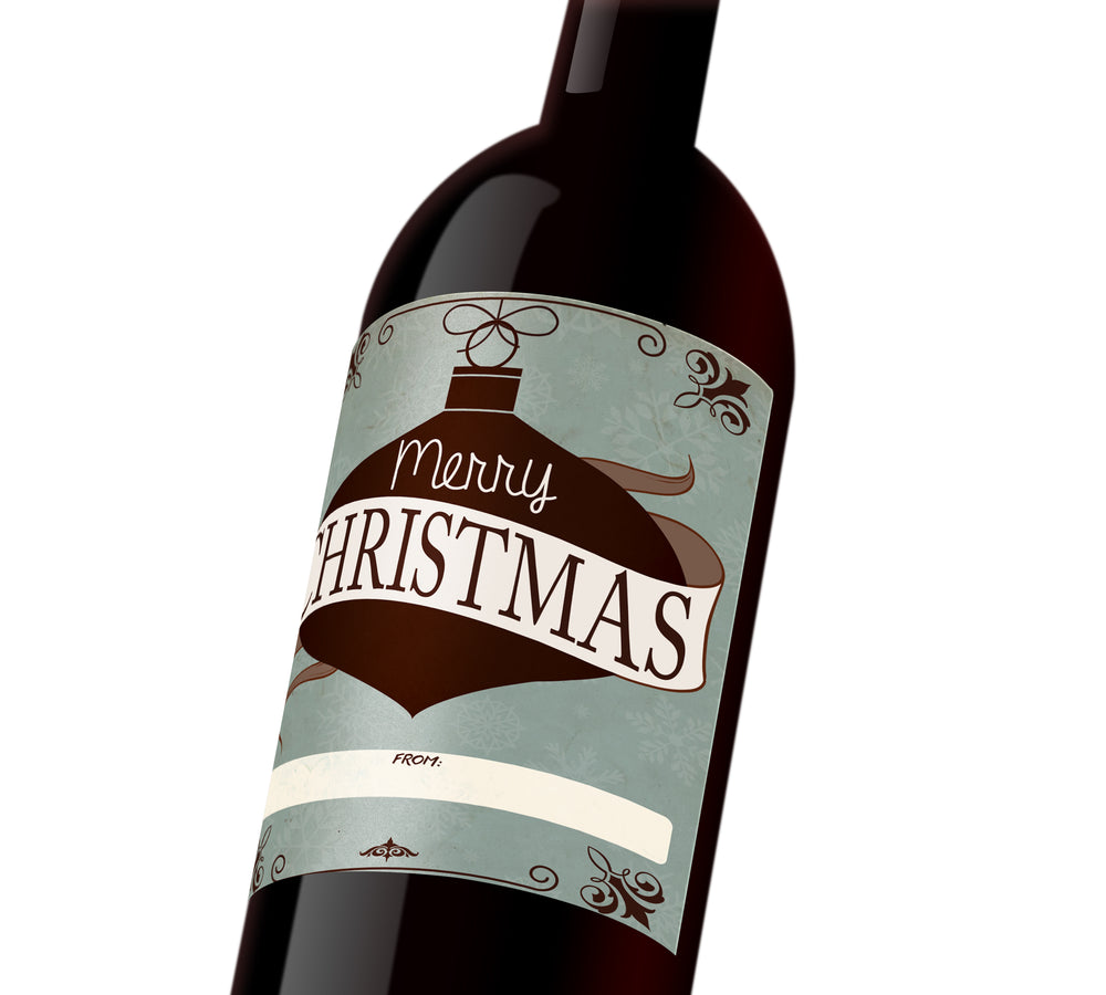 Blue custom wine label with a brown holiday ornament that reads, 