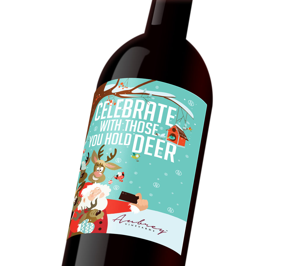 A blue comical holiday custom label depicting Santa taking a selfie with his reindeer. The label reads, 