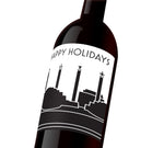 A black and white holiday custom label with Kansas City's skyline that reads, "Happy Holidays"