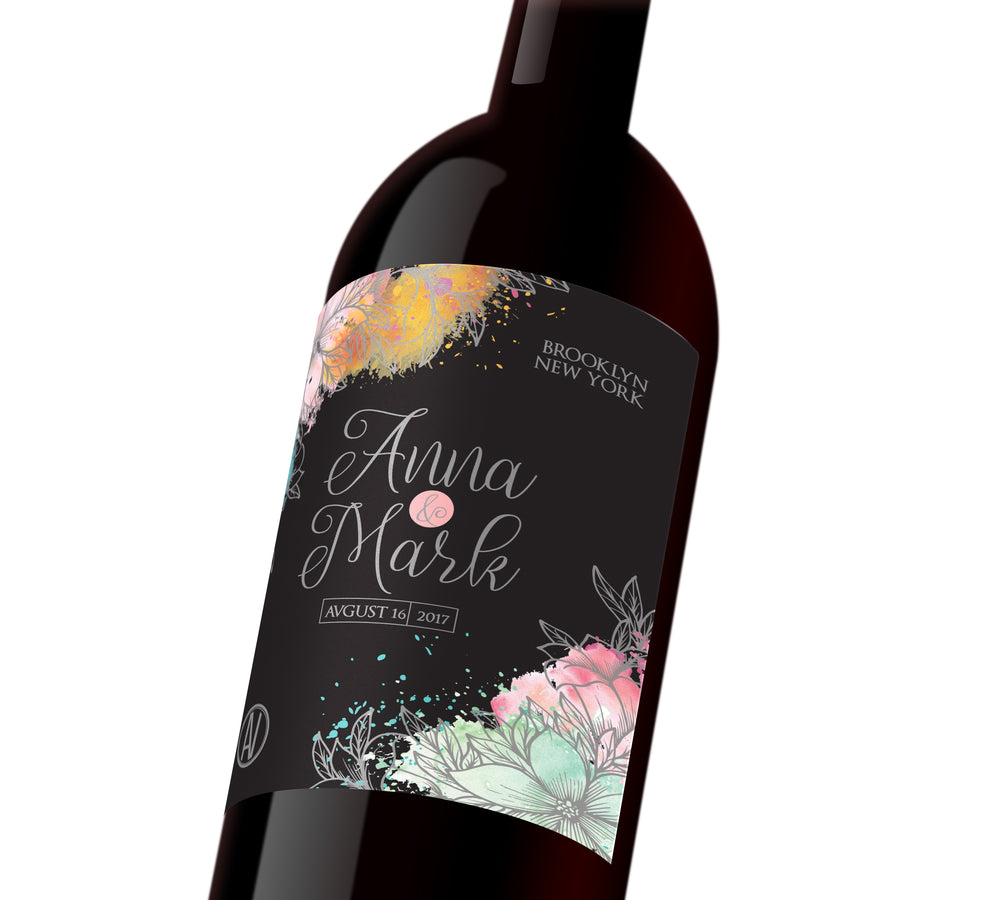 A black customizable label with colorful floral embellishment. The label reads, 