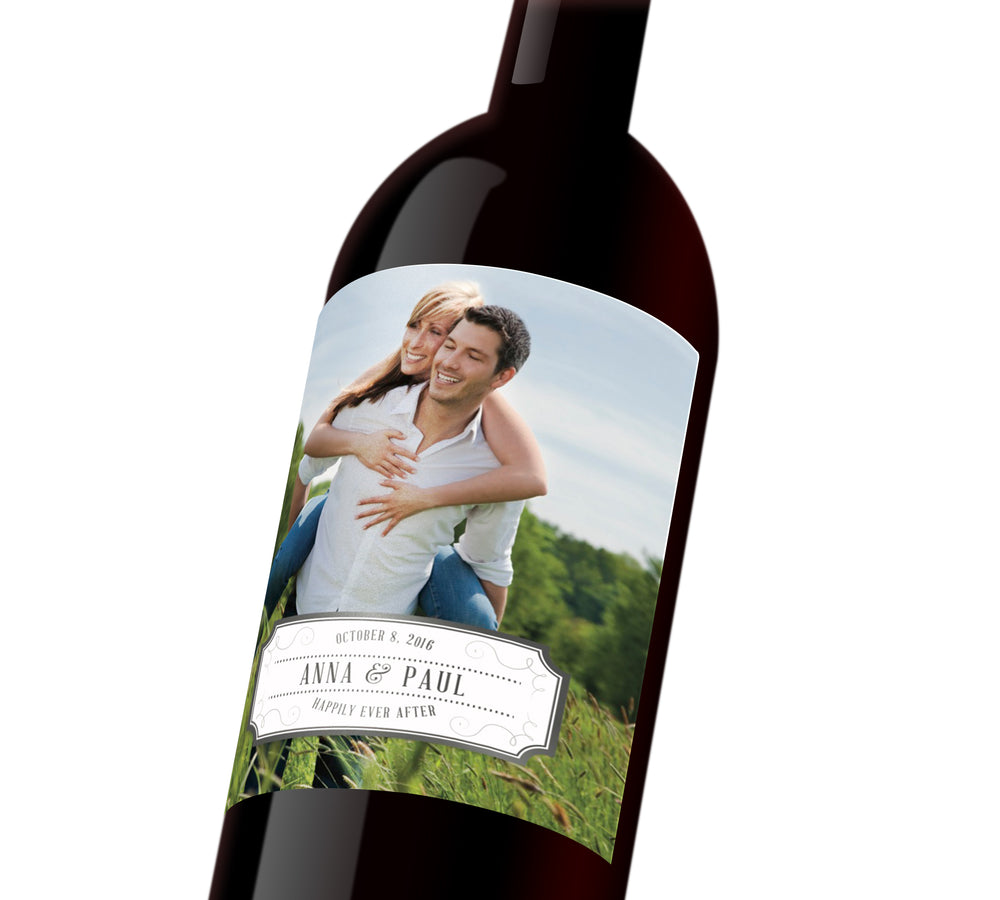 A customizable wine label depicting a couple together. The label reads, 